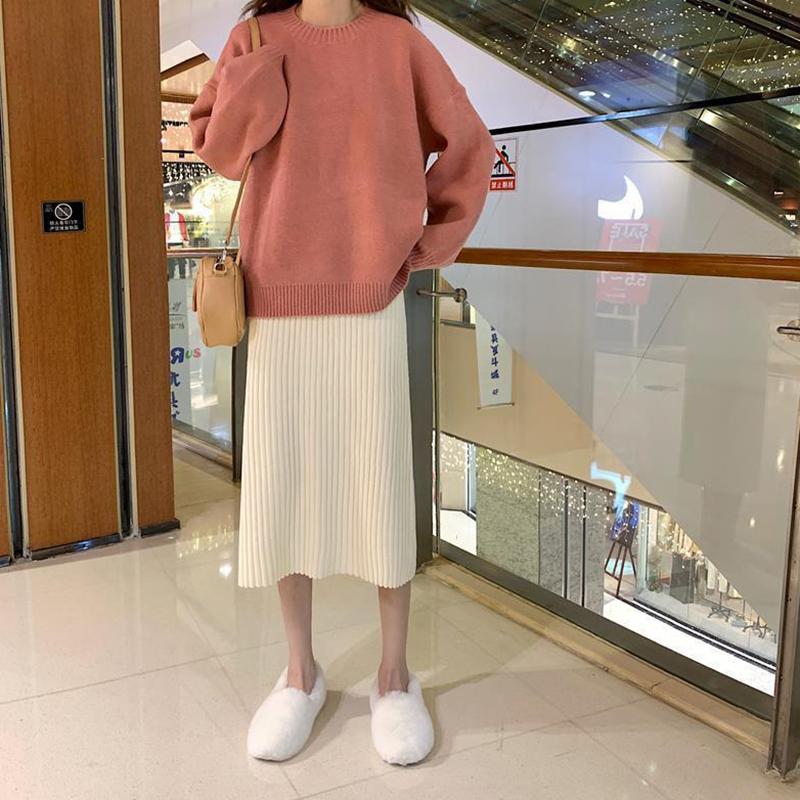 WTEMPO Однотонные трикотажные юбки трапециевидной формы, женские прямые миди в корейском стиле, элегантные, шикарные, весенне-осенние, теплые длинные юбки