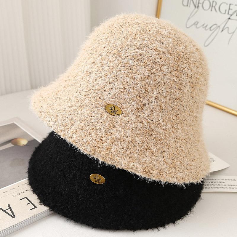 Gray wool bucket hat women's autumn and winter feeling Korean face small bucket hat warm plush knitted basin hat