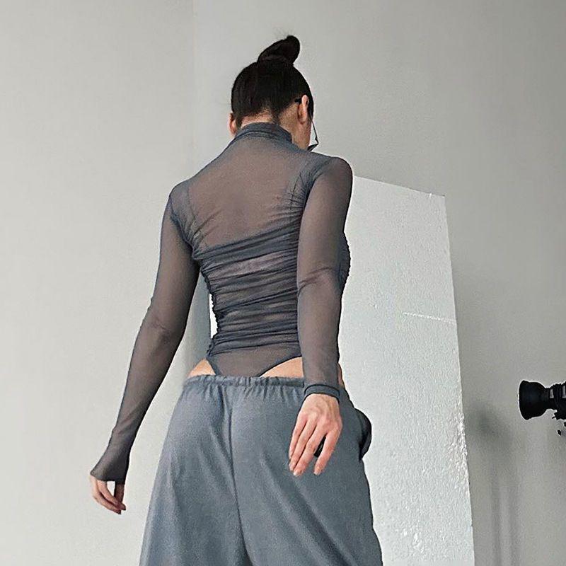 Женский прозрачный боди с длинным рукавом из сетки - Шикарный облегающий топ с высокой талией