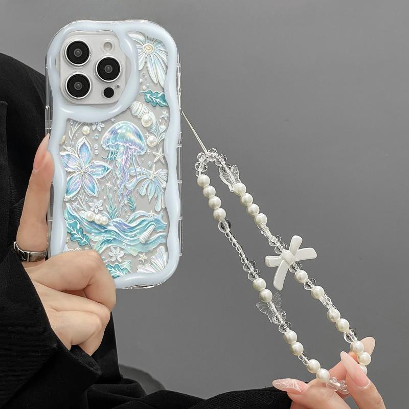 Blue Ocean Jellyfish Pattern Clear Phone Case For iPhone 11 12 13 14 15 16 17 Pro Max 16E 17E With Lanyard Wavy-edge Soft Cover