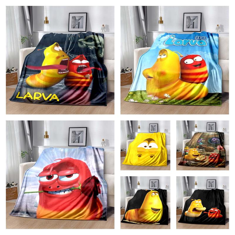 Larva Red Worm With Rose Flannel Throw Blanket Cartoon Insect Sofa Cover Romantic Light Background Decor Blanket Gift For Animation Fans
