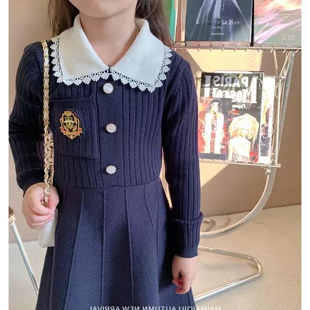 Girls' Spring and Autumn College Style Dress Sweater Children's Long Sleeve Lapel