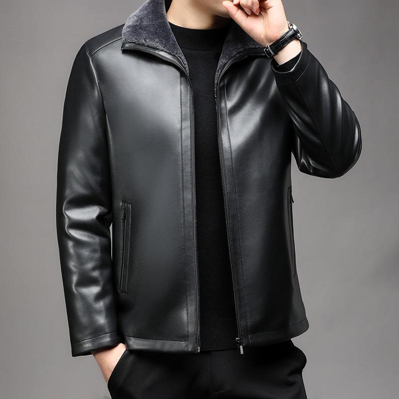 Fur Integrated Leather Jacket Men's Leather Jacket Velvet Thickened Winter Middle-aged Warm Lapel Daddy Soft Leather Jacket