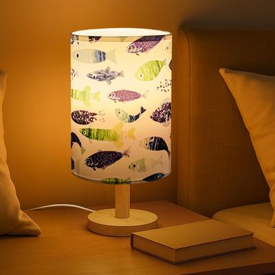 Night Lamp, Fish Themed Bedside Reading Lamp With Wooden Base, White Lamp