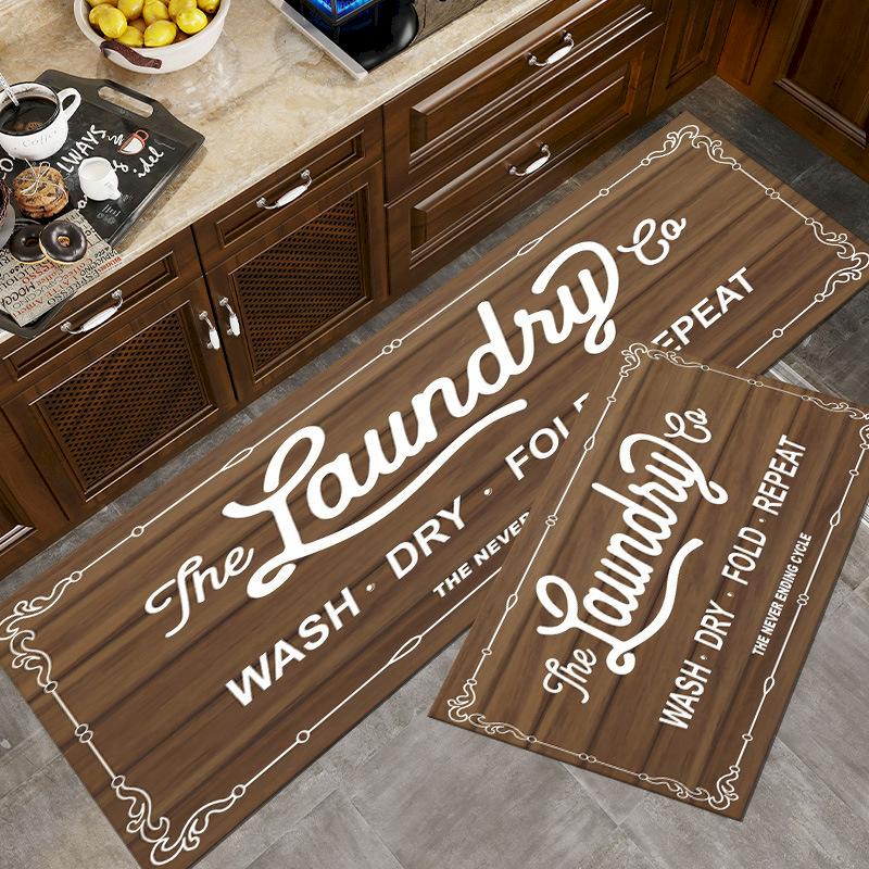 Retro Laundry Room Letter Printed Carpet Kitchen Non Slip Water Absorbing Floor Mat Wood Grain Floor Mat Home Decoration