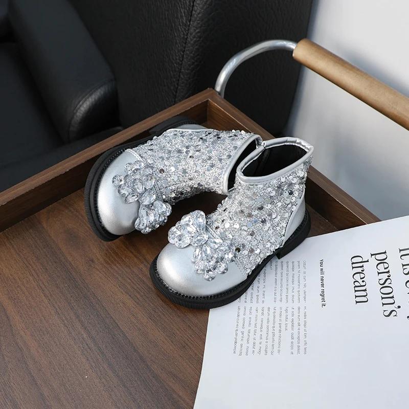 Luxury Girl's Ankle Boot Sequins Elegant Children's Causal Boots Fashion Spring Autumn Kids Short Princess Boots New Versatile