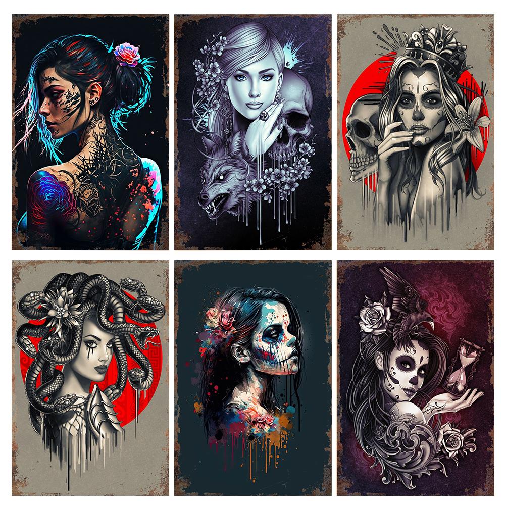 Студия винтажной татуировки, металлическая жестяная вывеска, красивая девушка, металлическая табличка, татуировка красивая девушка, ретро-декор стен, декор комнаты, WY36