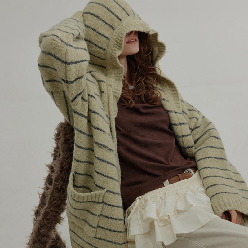 Women Versatile Color Block Striped Hooded Knit Cardigan Autumn Winter Vintage Boho Long Plus Size Sweater Coat