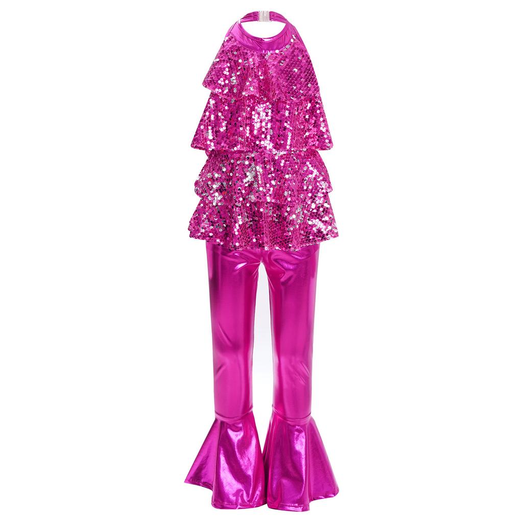 Блестящий леотард с пайетками для девочек, для джазовых танцев, халтер, без спины, с оборкой по подолу, брюки клеш, костюм для выступлений