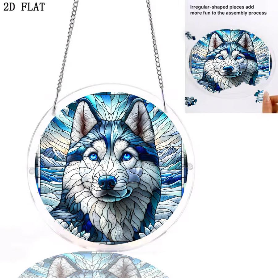 2D Flat Acrylic Jigsaw Puzzle Designed with a Husky Puppy Theme, Suncatcher for Patio Outdoor Decoration, 2D Flat Acrylic Window Hanging Decoration, S