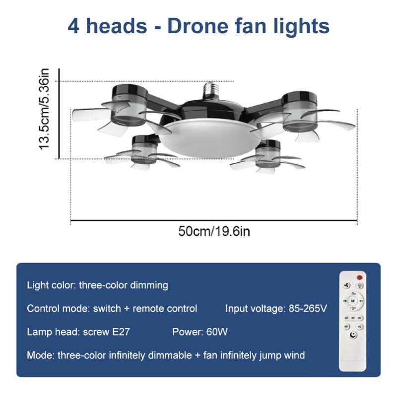 E26/E27 Светильники-вентиляторы в форме дрона с пультом дистанционного управления Современные потолочные светильники-вентиляторы 3 скорости ветра Вставной светильник-вентилятор для гостиной