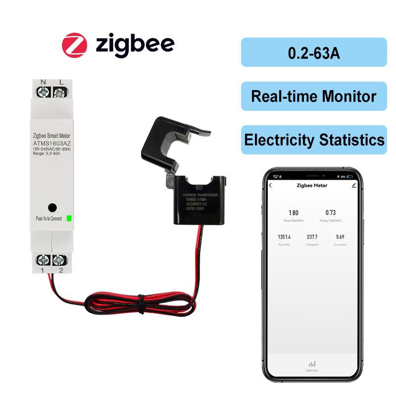 Умный ZigBee счетчик энергии с зажимным трансформатором тока 63А Мониторинг через приложение Статистика потребления электроэнергии AC100-240V Работает с Tuya