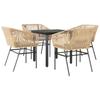 5 Piece Outdoor Dining Set with Cushions Brown Poly Rattan Glass Table