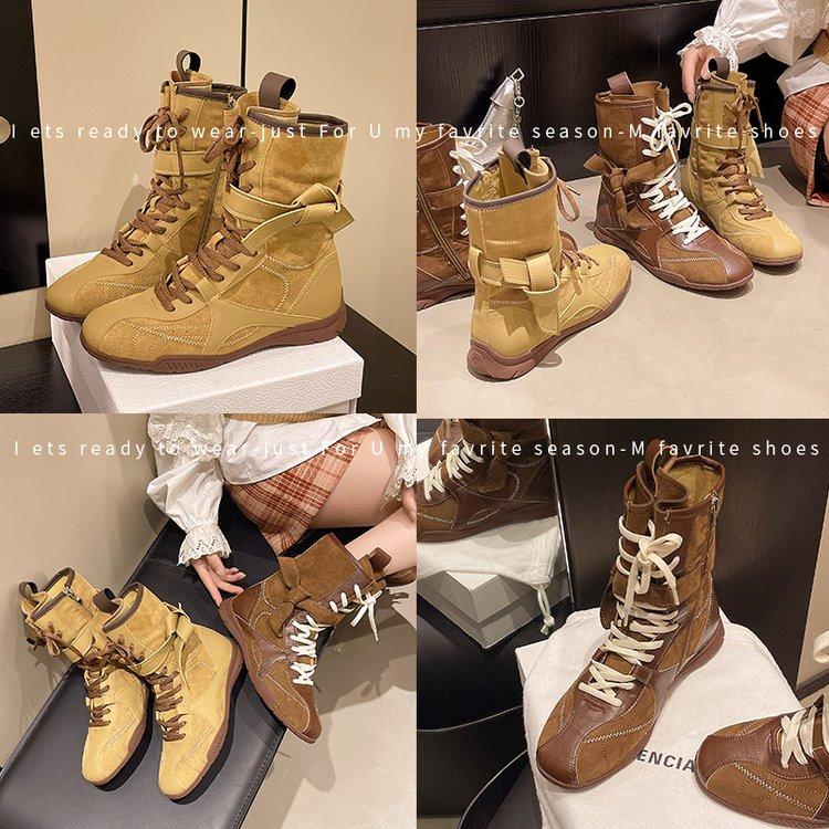 Модные Ретро Боксерские Ботинки на Шнуровке Женские Дизайнерские Модные Подходящие на Каждый День Ботильоны до Щиколотки Рувнай на Массивном Каблуке Спортивные Рыцарские Ботинки Женские
