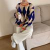 Осень Зима Женский Корейский Стиль Студенческий Цветной Блок Аргайл Ленивый Свободный Свитер Универсальный Вязаный Топ