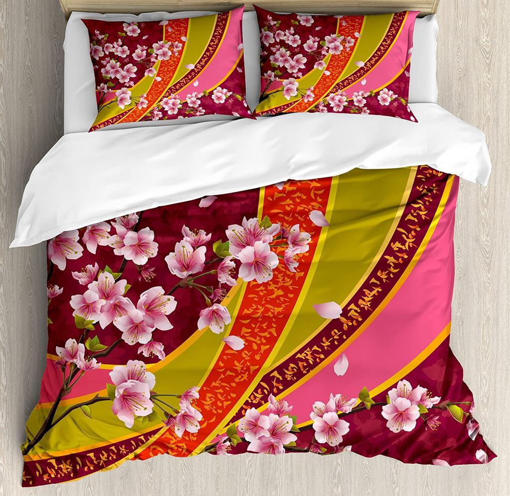 Japanese Mount Fuji Sakura Tree Flower Duvet Cover 3pcs Bedding Set Home Textile Quilt Cover Pillowcases Bedding Set No Sheet