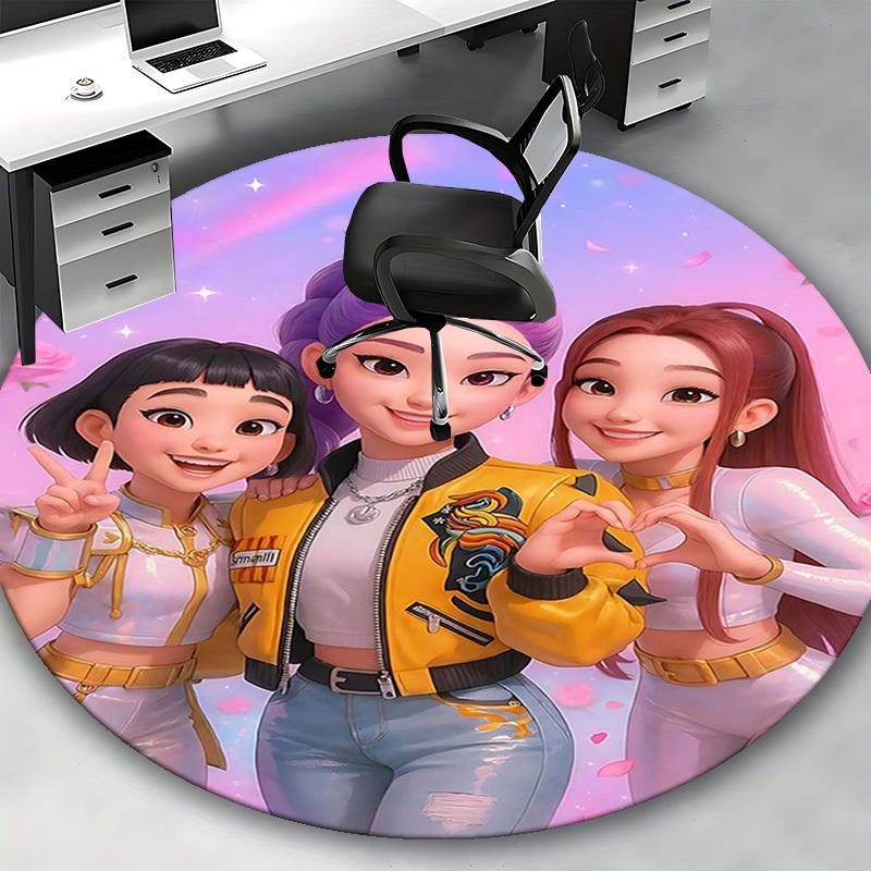 1pc Anime Design Round Carpet - Office Chair Mat with Heart-Shaped Hand Gesture and Floral Print, Suitable for Home Decor, Gaming Room, Seasonal Gift,