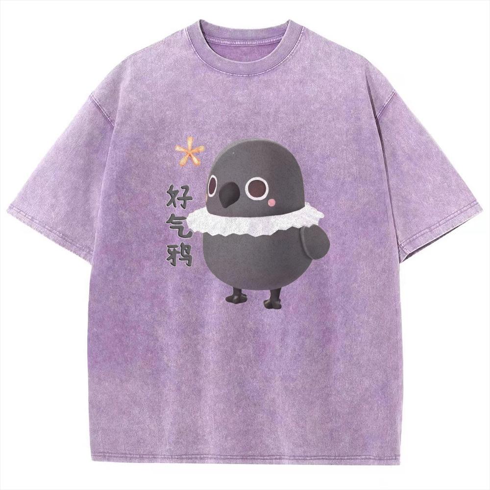 Cute Casual Style Cartoon Black Chick Print Ladies T-Shirt Loose Wash Cotton Short Sleeve Fashion Design Top