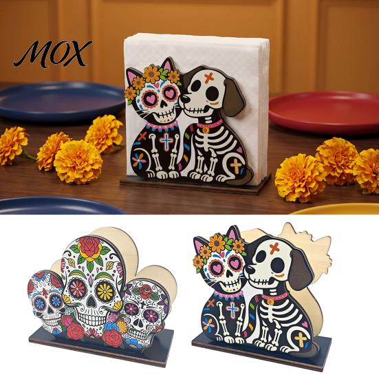 Day of The Dead Decor Wooden Skull Napkin Holder, Decorative Floral Tissue Dispenser, Dispenser Dia De Los Muertos Paper Towel Holder for Home Kitchen