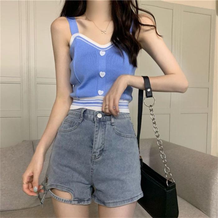 Женский контрастный жилет Love Button Camisole Vest - летний трикотажный укороченный топ 2024 года