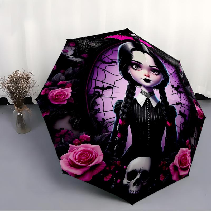 Wednesday Addams Print Automatic Umbrella, 8 Rib Iron Frame, Plastic Handle, Suitable for Outdoor Travel &Daily , Ideal Gift