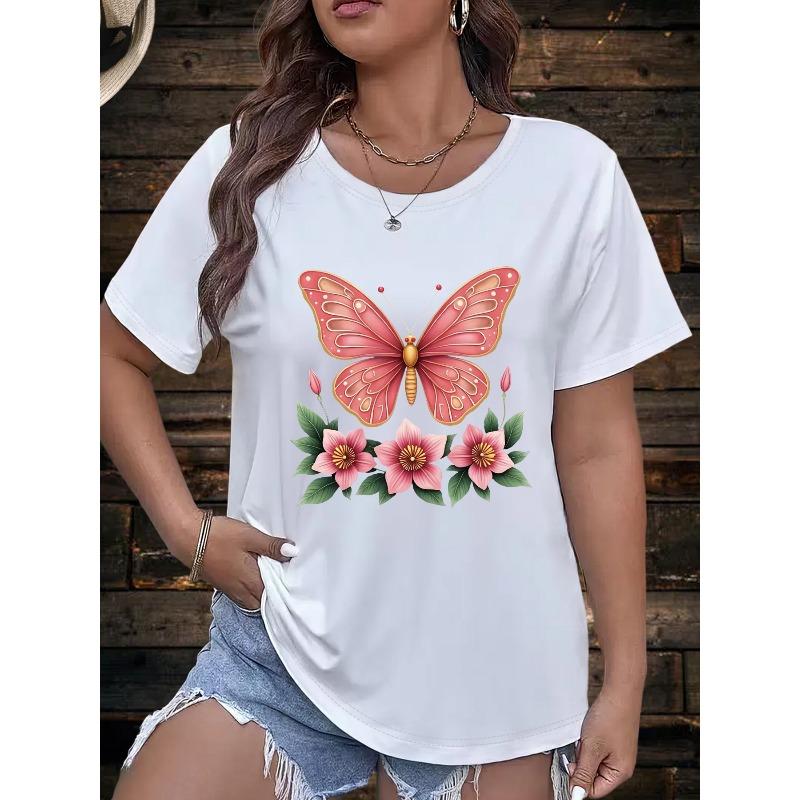 Women's Plus Size Butterfly Floral Print Casual T-Shirt - Short Sleeve Round Neck Relaxed Fit Top, Machine Washable All-Season Comfort Tee