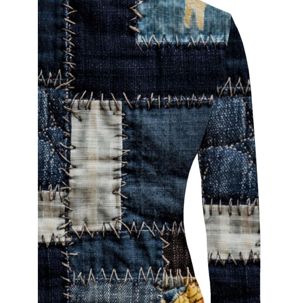 Women's color matching denim zipper front long-sleeved T-shirt, fashionable printing, suitable for daily life