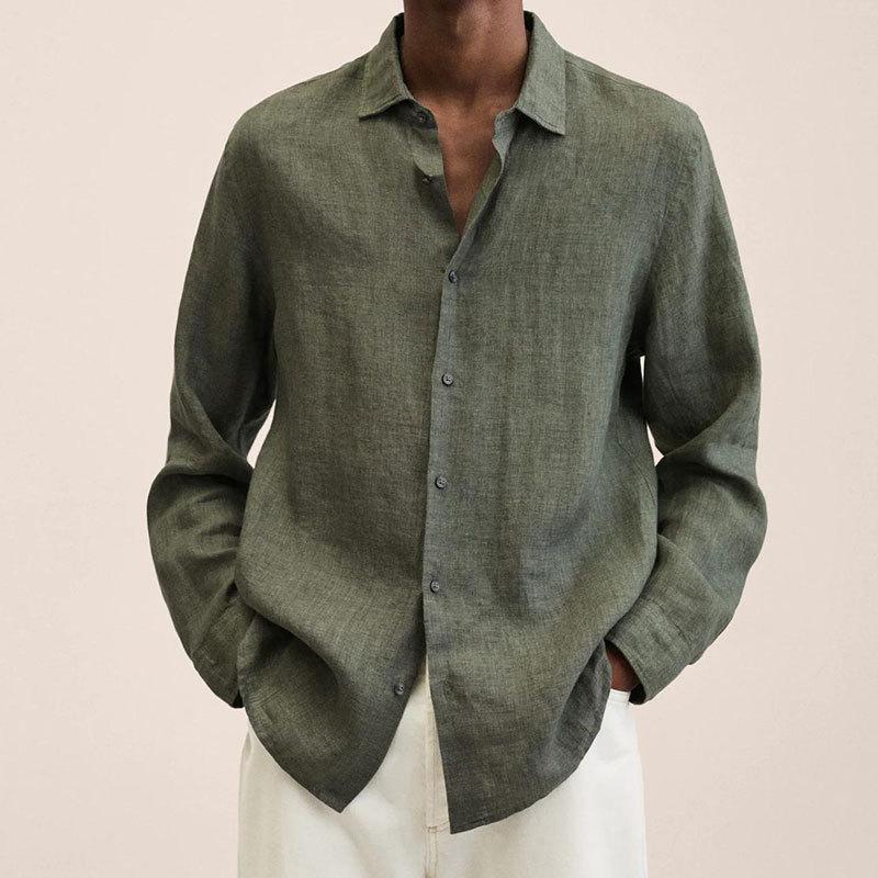 Autumn Long-sleeved V-neck Loose Button Cotton Linen Shirt Shirt Men's Fashion Casual Blouse Solid Colour Shirt