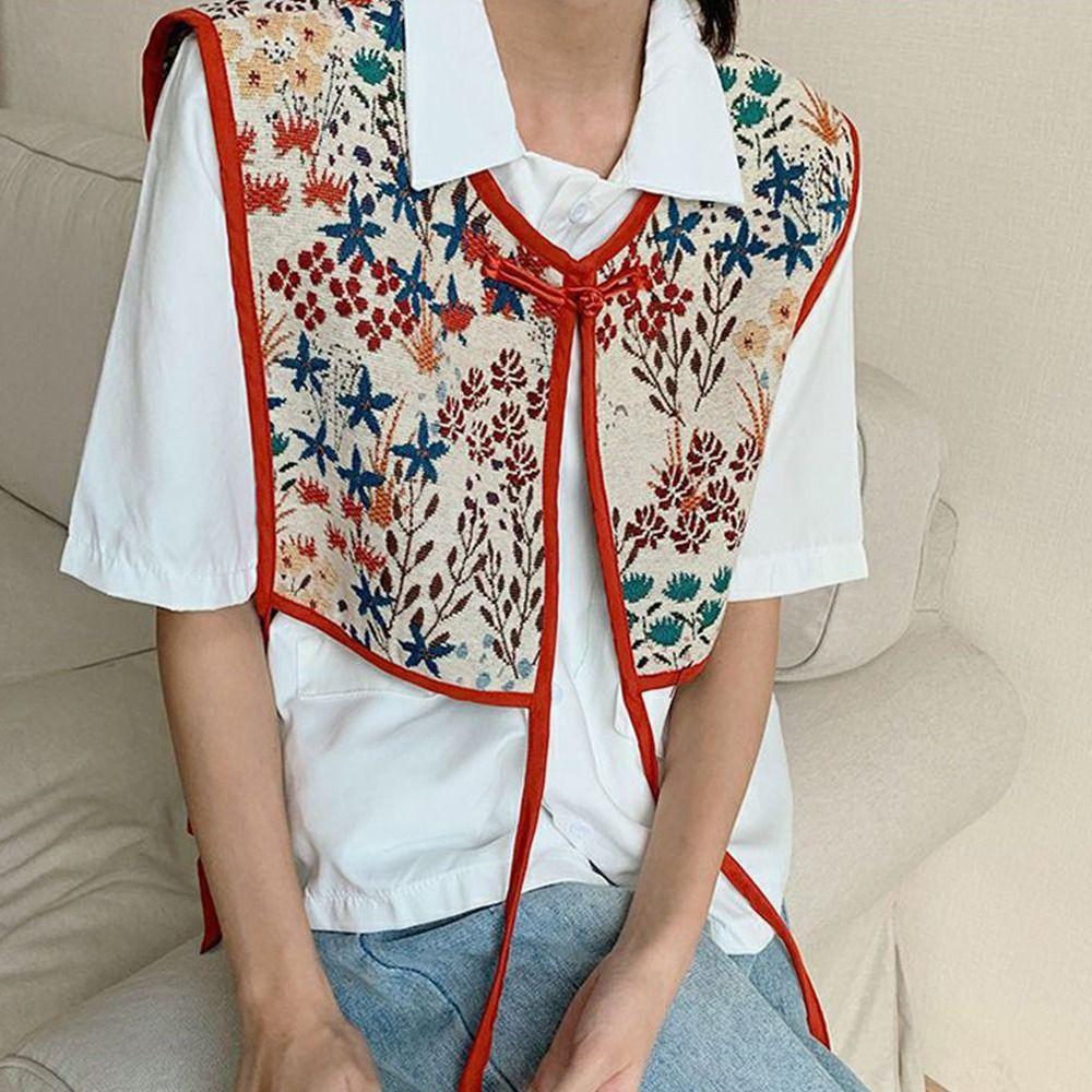 Vintage Fake Collar Capelet Floral Printed Lace Up Waistcoat  Clothing Accessories