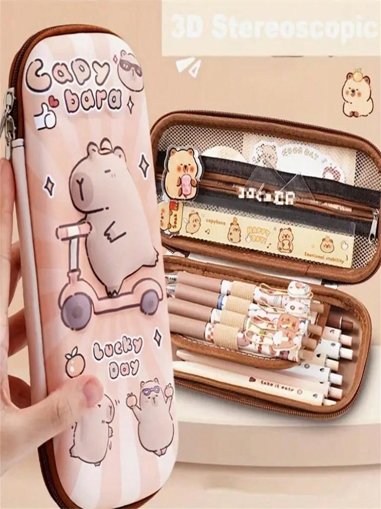 1 Милый мультяшный пенал с капибарой и пандой - Вместительный 3-слойный многофункциональный пенал с водонепроницаемостью, устойчивостью к давлению и