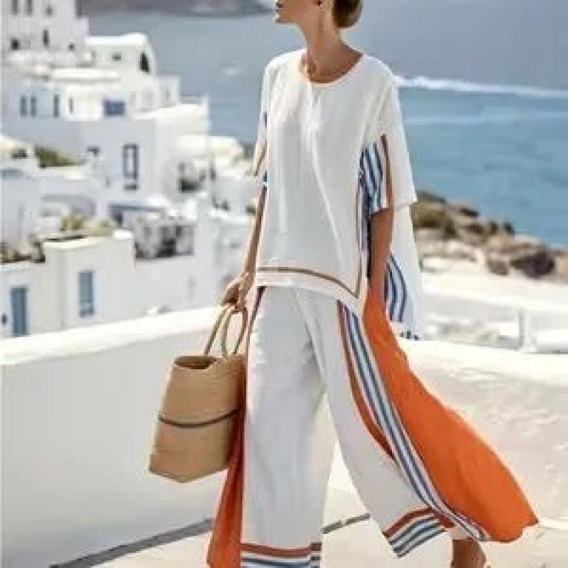 European and American summer women's clothing new 1D printing striped color matching medium-sleeved round neck top straight casual suit