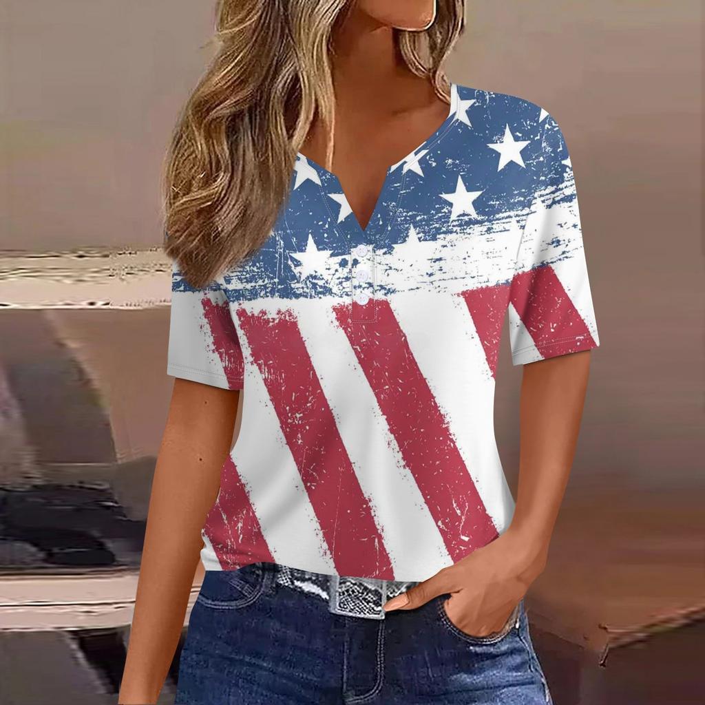 Жен. Футболка Футболка День независимости С принтом Пуговицы С короткими рукавами Повседневные Выходные Мода Классический Классический V-образный вырез Обычный Топ