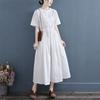 2025 лето новое ретро платье-веер с воротником-стойкой и короткими рукавами из хлопка и льна, женское свободное и тонкое однотонное платье средней и длинной длины