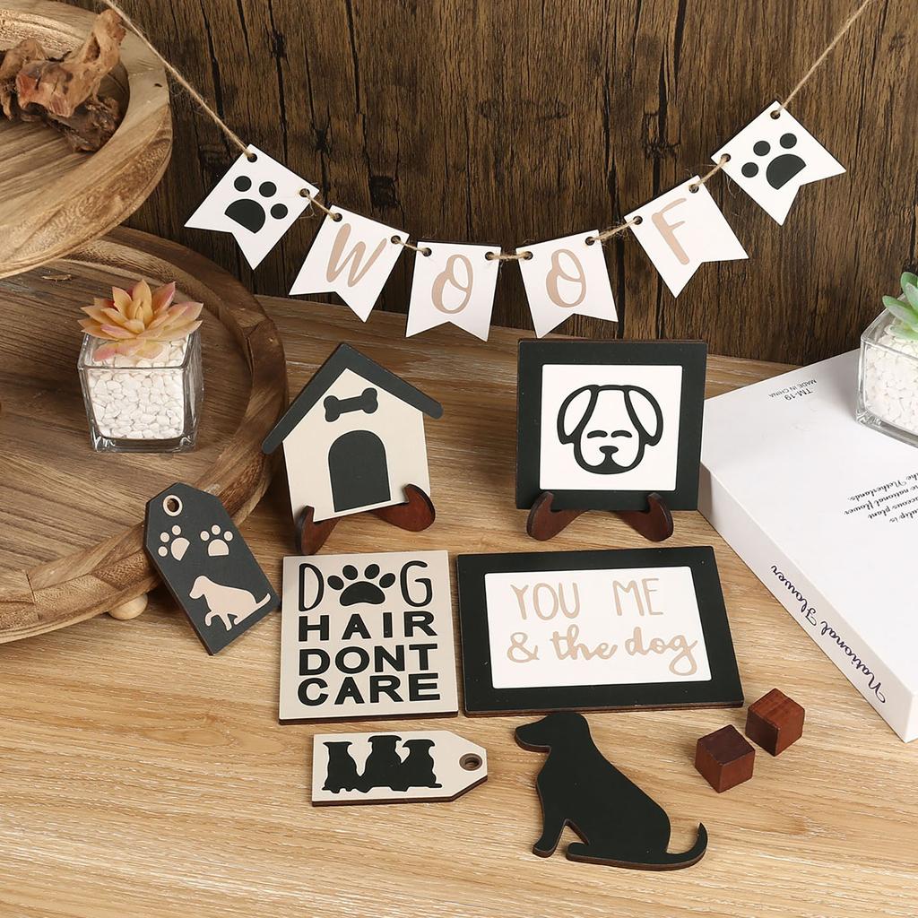Dog Tiered Tray Decor Wooden Sign Festive Rustic Table Centerpieces For Home Kitchen Coffee Bar Party Supplies