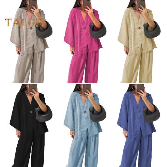 Женский комплект из двух частей из хлопка и льна, топ с длинным рукавом и V-образным вырезом на пуговицах, широкие брюки, повседневная домашняя одежда