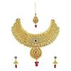 Dazzling Flower Design Gold Plated Choker Style Copper Necklace Set With Mangtikka For Women
