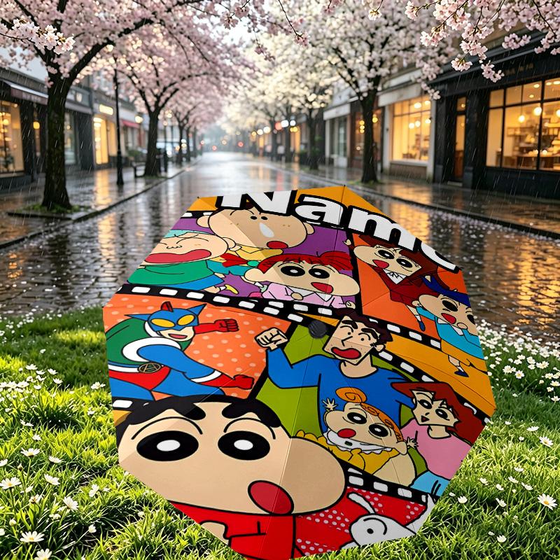 Custom Name Personalized Crayon Shin Print Umbrella, Auto Open Close, 8‑Rib Sturdy Frame, Commute Camping Hiking Use, Birthday Gift