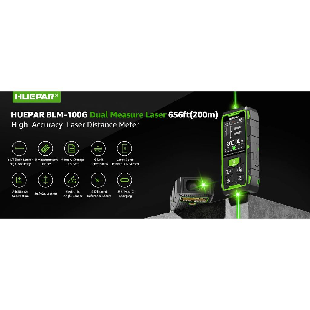 Huepar Dual Laser Rangefinder 120M/200M Green Beam Digital Laser Meter Multiple Unit Measurement Tool With Backlit LCD display