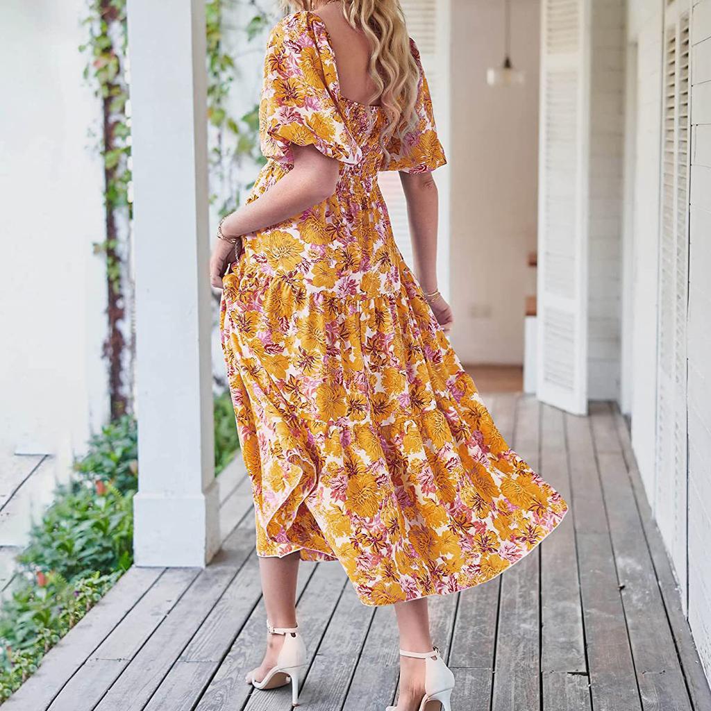 Женское модное платье с квадратным воротником и цветочным принтом, высокой талией, полым пузырем и короткими рукавами, плиссированное платье с принтом сзади
