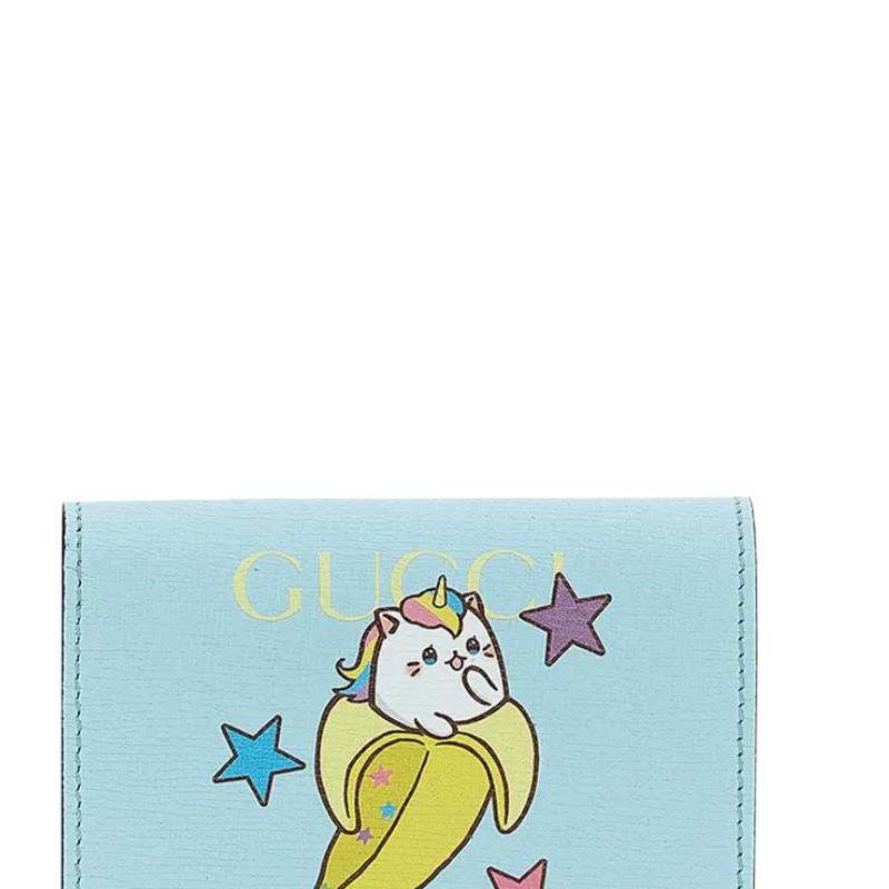 Gucci x Bananya Banana Cat Limited Edition Brand Print Snap Closure Leather Wallet Women's Light Blue