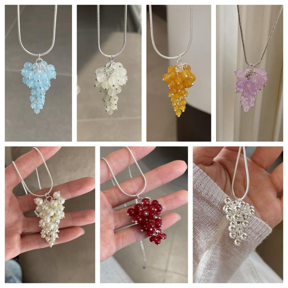 Silver Grapes Pendant Necklace Jewelry Pearl Grape Sweater Chain Grape Cluster Necklace Summer