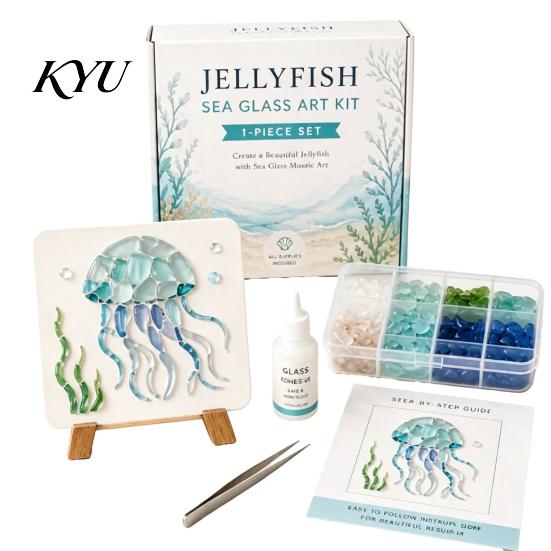 Thoughtful Handmade Presents DIY Sea Glass Mosaic Art Kit, Ocean/Landscape Inspired Artwork Kit with Colorful Pieces, Craft Set for Adults Acrylic
