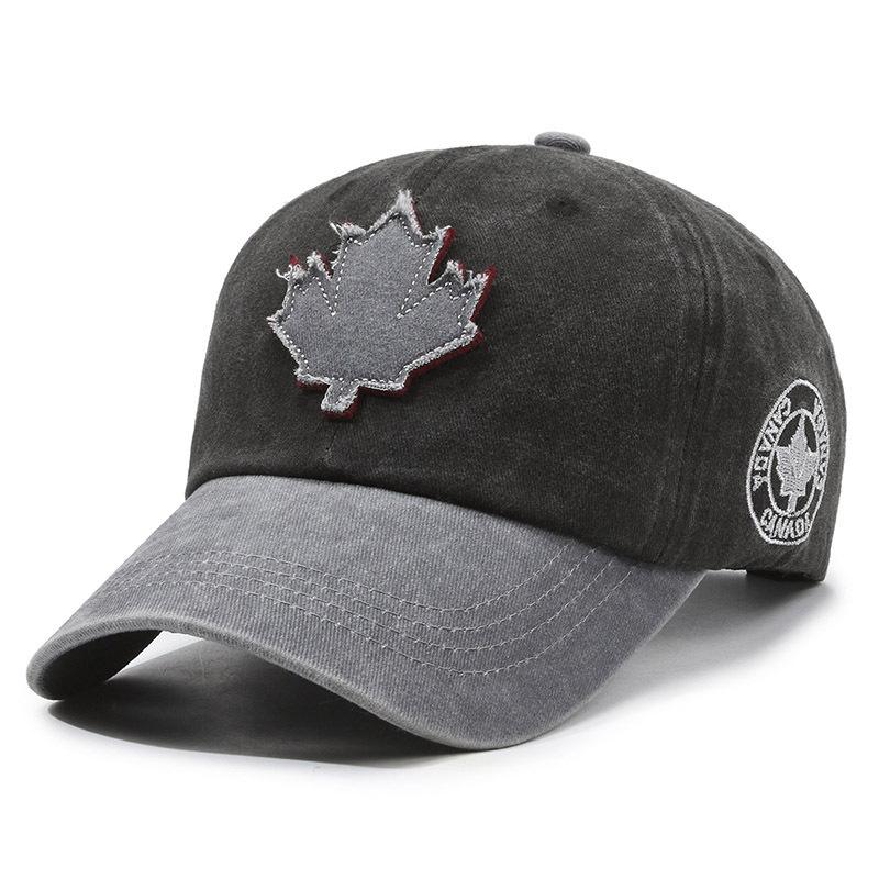 Pure Cotton Color Block Baseball Cap Washed Cotton Hat Maple Leaf Patch Sun Hat