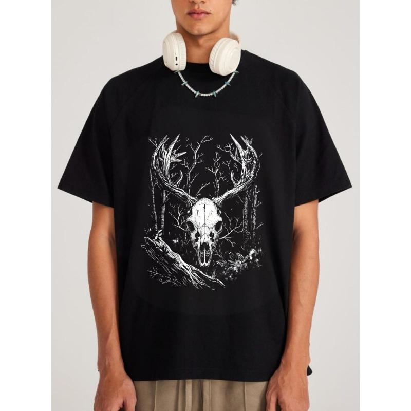 Черная футболка мужская Череп оленя Лесной принт Повседневная Уличная мода Топ Для активного отдыха Охотничья тематика Графическая футболка Унисекс Свободный крой
