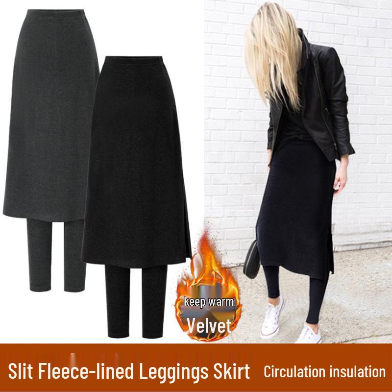 High Waist Korean Style Fleece-Lined Two-Piece Skirt Leggings - Autumn/Winter Slimming Plus Size Midi with Slit