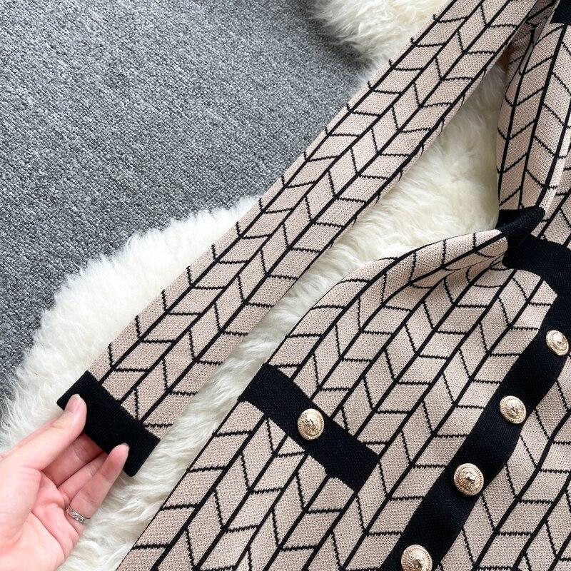 Long Sleeve Knit Sweater Dress Women Autumn Fashion Geometric Pattern Single Breasted Elegant Knitting Office Party Dresses
