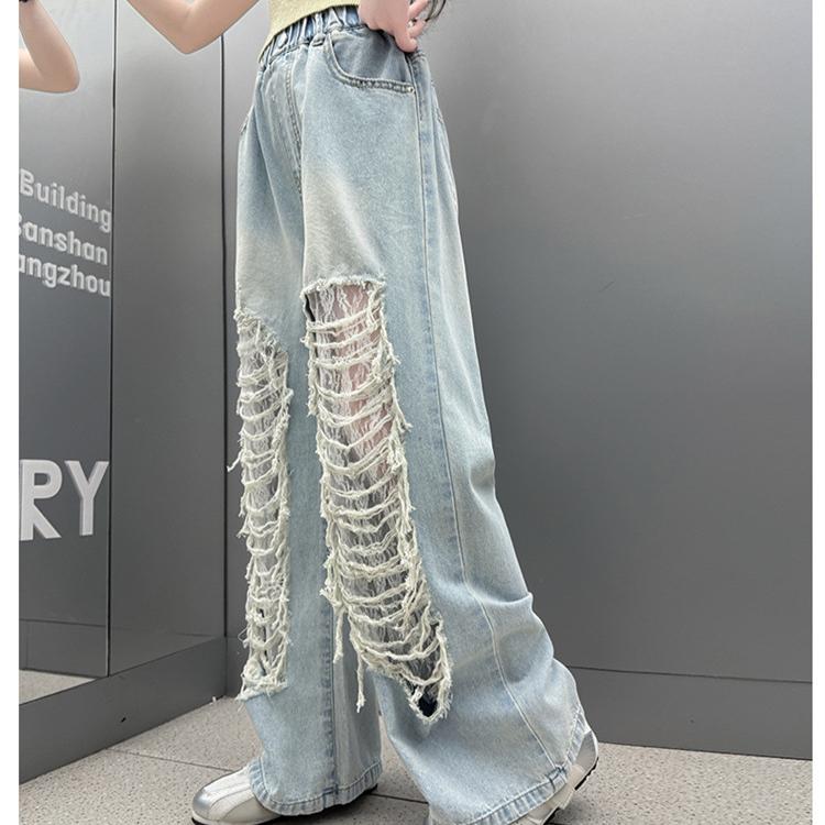 Джинсы с дырками для девочек, детские модные кружевные брюки с широкими штанинами, летние брюки