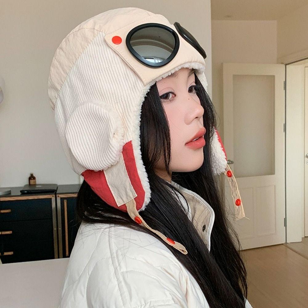 Beanie Winter Pilot Hat With Goggles Anti Fog Plush Hat Fashion Warm Ski Hat Women/Men