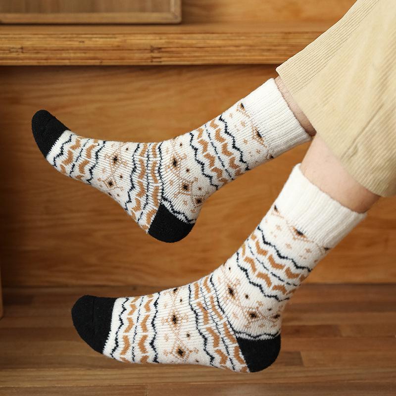 Thick Woolen Socks Mid-Calf Ultra-Thick Home Floor Sleep Warmth Retro Ethnic Style Autumn Winter Home Comfort Stocking