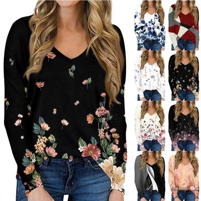 Женская повседневная футболка с длинными рукавами и V-образным вырезом, топ, пуловер